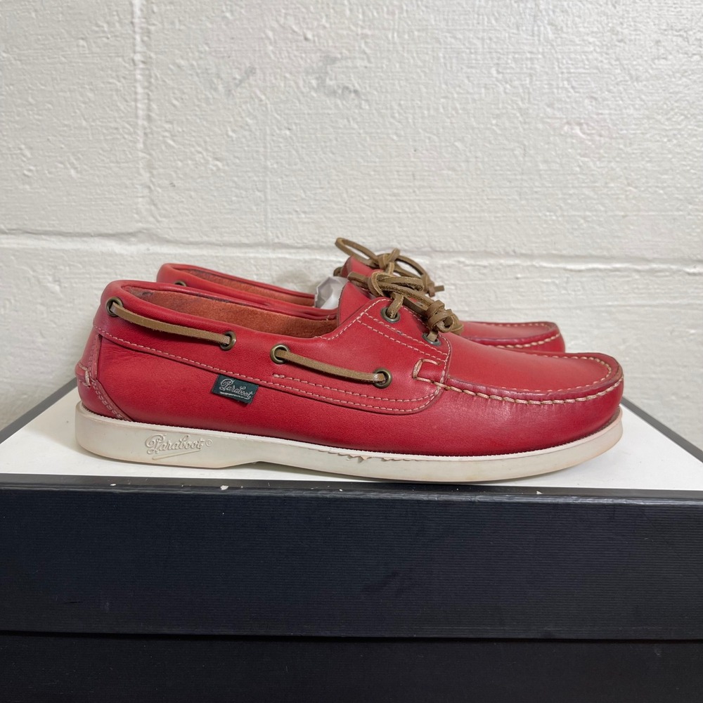 Paraboot Marine Boat Shoe Moccasin Red Leather 2 Eye Slip On Men's Sz UK 6/US 7